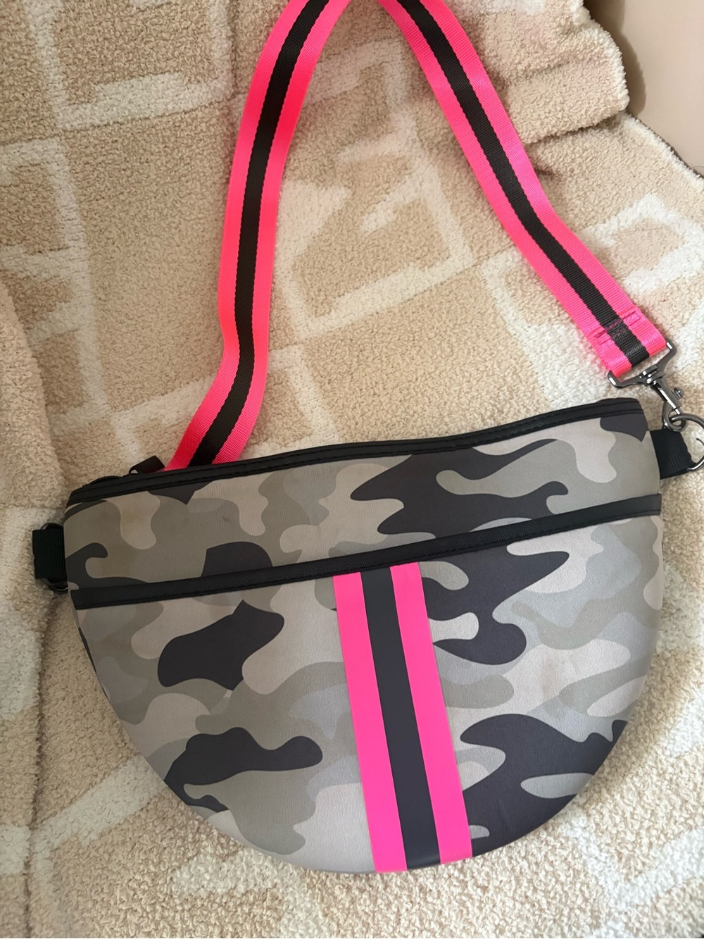 HAUTE SHORE Camo Crossbody with Neon Pink & Black Stripes